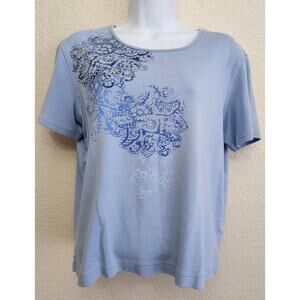 Classic Elements Blue Floral Round Neck Top Large Short Sleeves Lightweight Soft